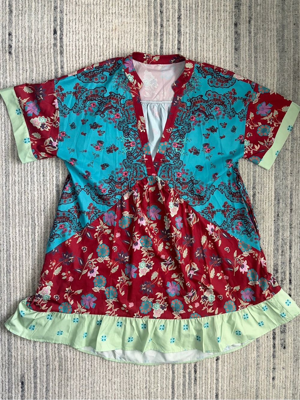 Amazon Teal, Blue, And Red Floral Babydoll Dress Size M